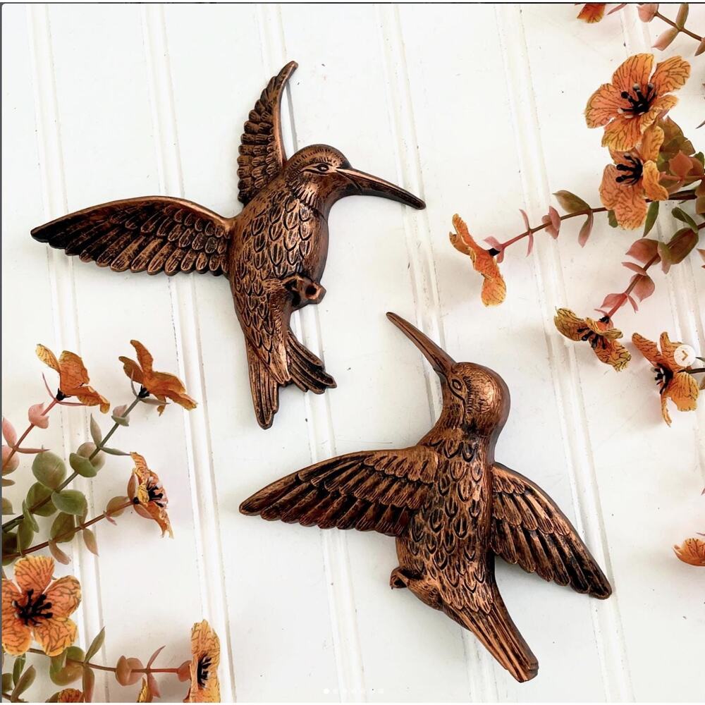 Vintage 1977 Dart Plastic Copper-Tone Hummingbird Bird Wall Hanging Pair